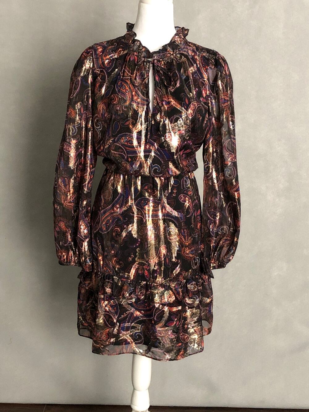 Vince Camuto Metallic Dress Printed Chiffon Fit & Flare Women's Size 6 NEW